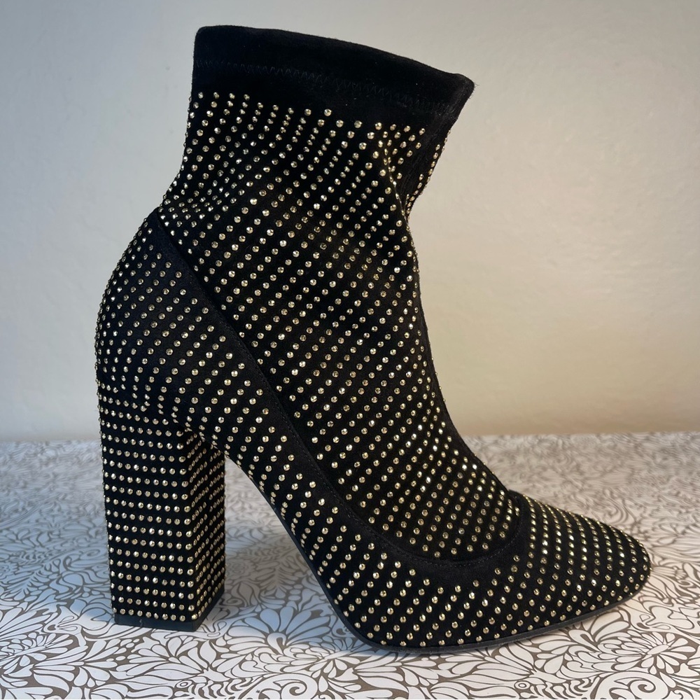 Tamara Mellon Sock Black & Gold Studded Block Heels Ankle Booties